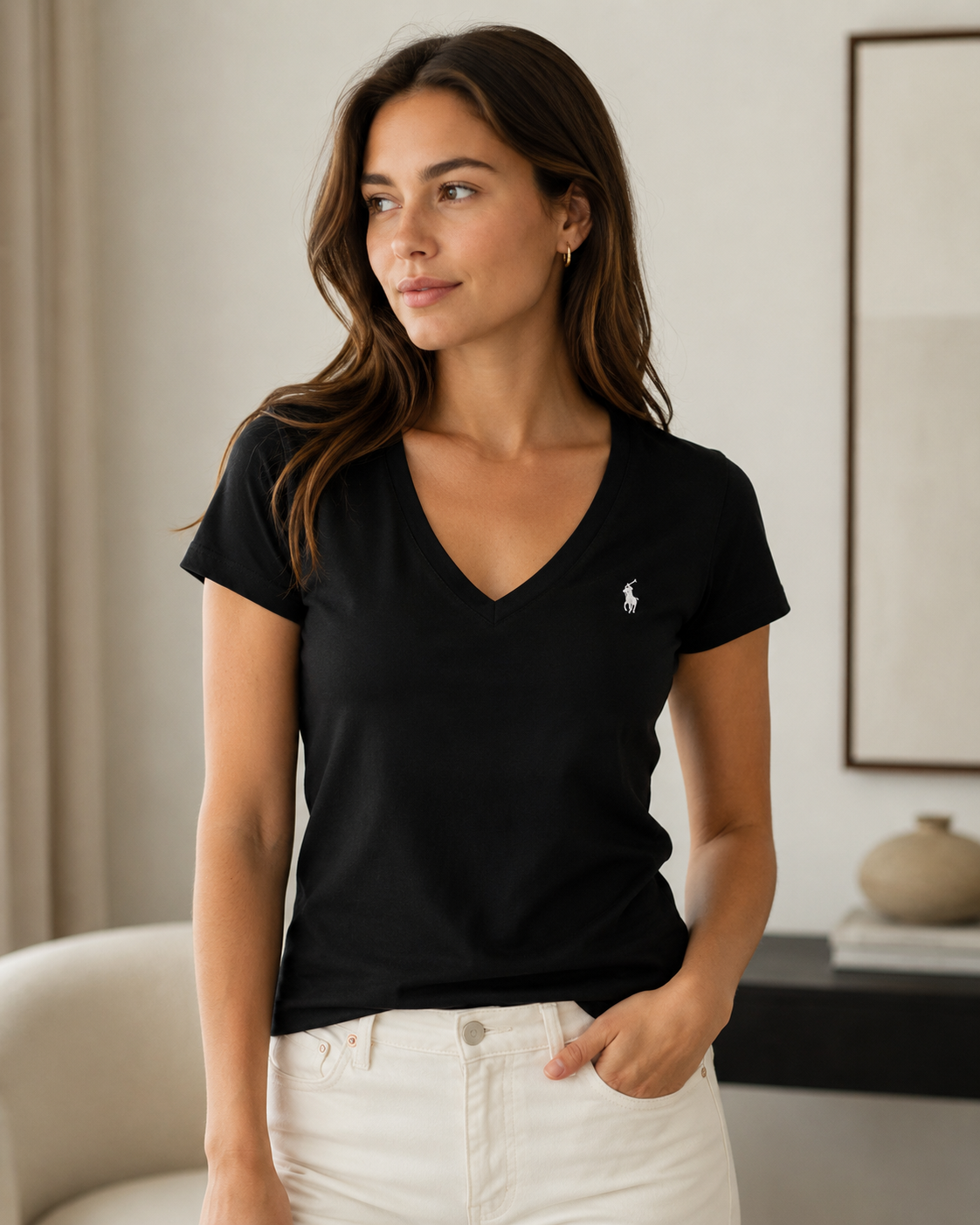 Camiseta Ralph Lauren gola em V Preta